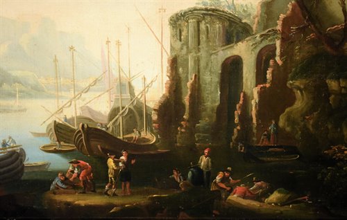 Paesaggio costiero con porto  e rovine